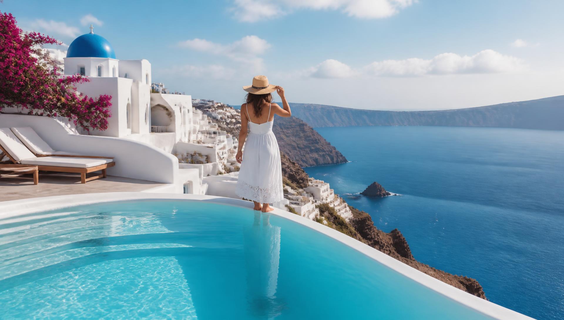 A traveller looking out over the Aegean sea from a clifftop infinity pool in Santorini